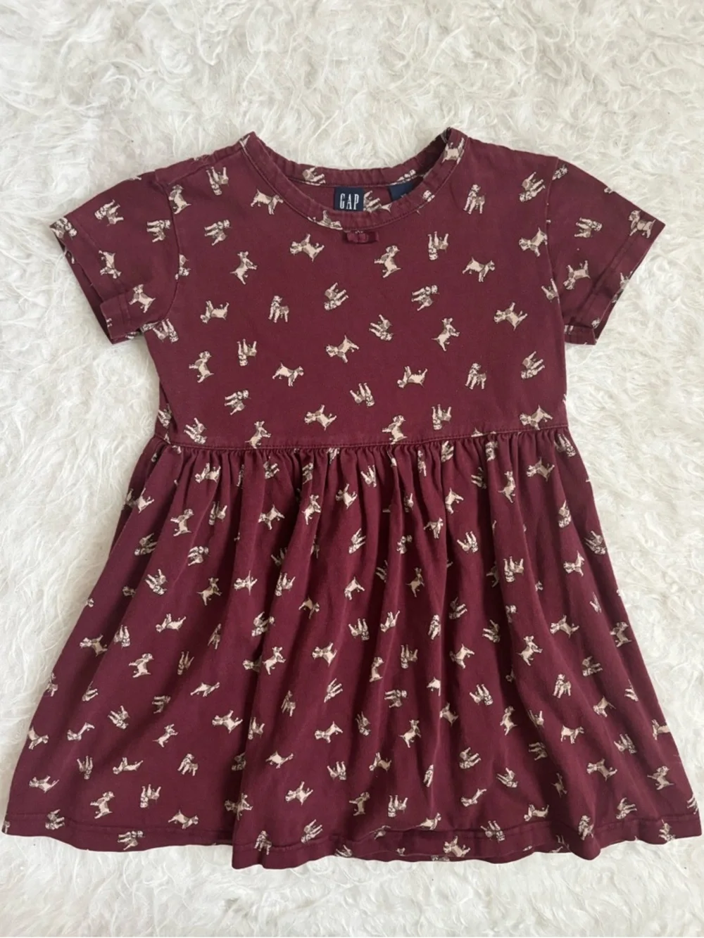 GAP Girls' Y2K Burgundy Short Sleeve Dress with Cream Puppy AOP